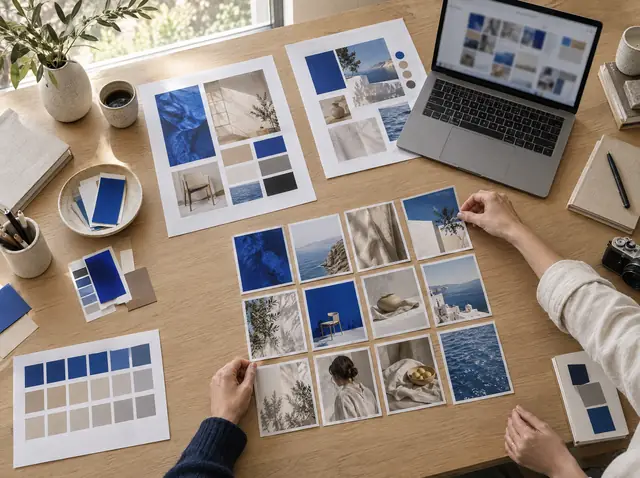 A design studio table with brand boards, colour swatches and printed photos arranged into a grid