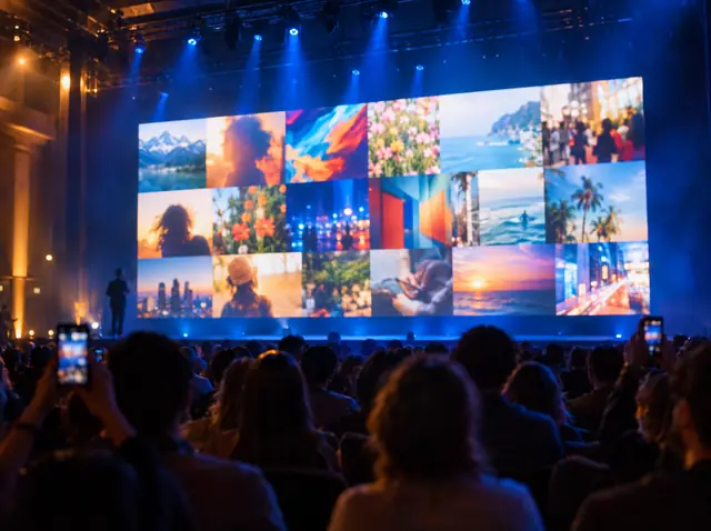A conference audience in front of a stage screen showing a live mosaic of social media photos