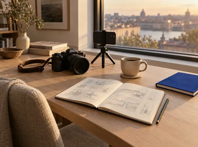 A creator's desk by a window with a camera, a phone on a small tripod and a sketchbook of photo layouts