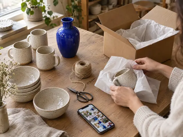 A ceramics studio's packing table with handmade mugs, a shipping box and a phone showing a grid of customer photos