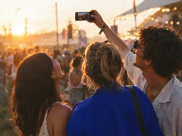Friends at a summer festival taking a group photo on a phone at golden hour