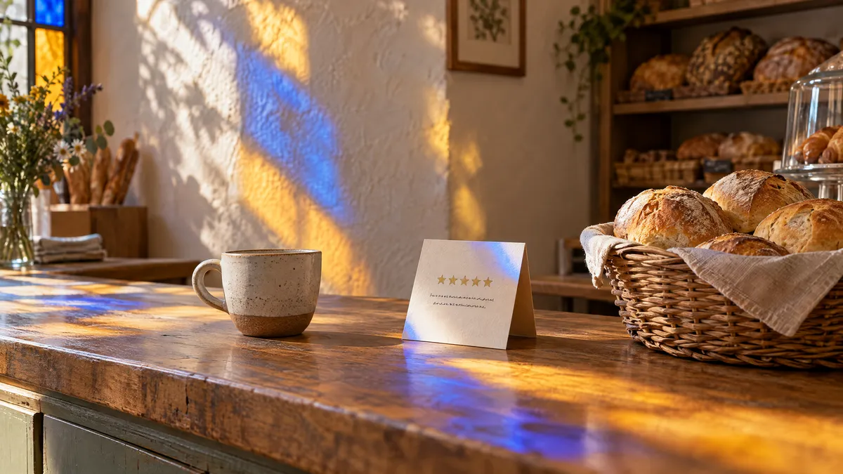 A bakery counter with a coffee cup, a basket of bread and a small card showing five gold stars, lit by blue and amber stained-glass light