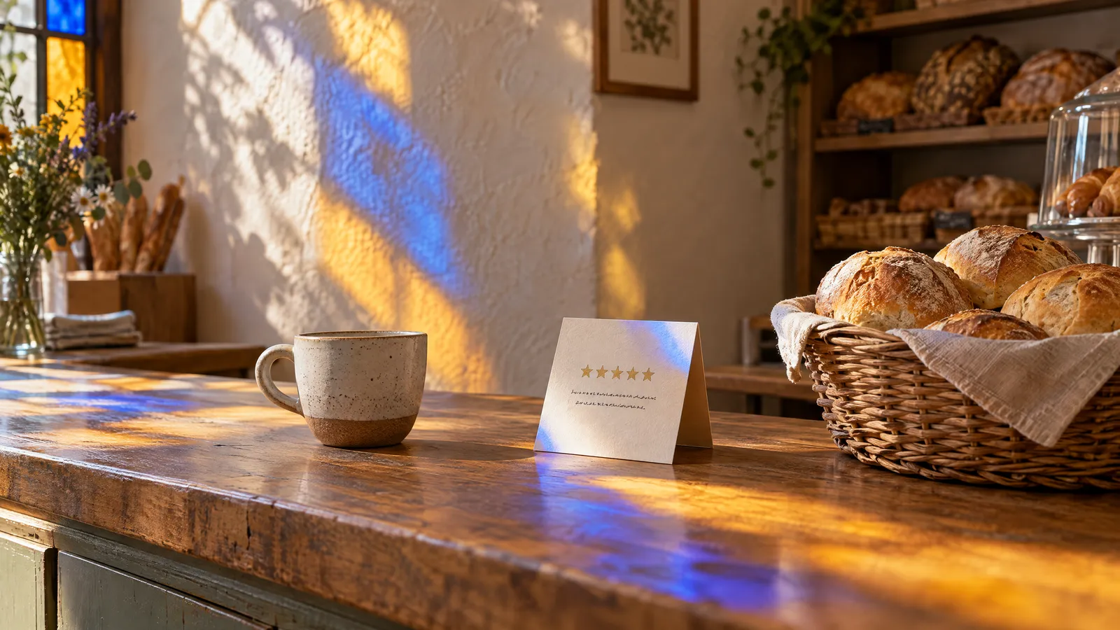A bakery counter with a coffee cup, a basket of bread and a small card showing five gold stars, lit by blue and amber stained-glass light