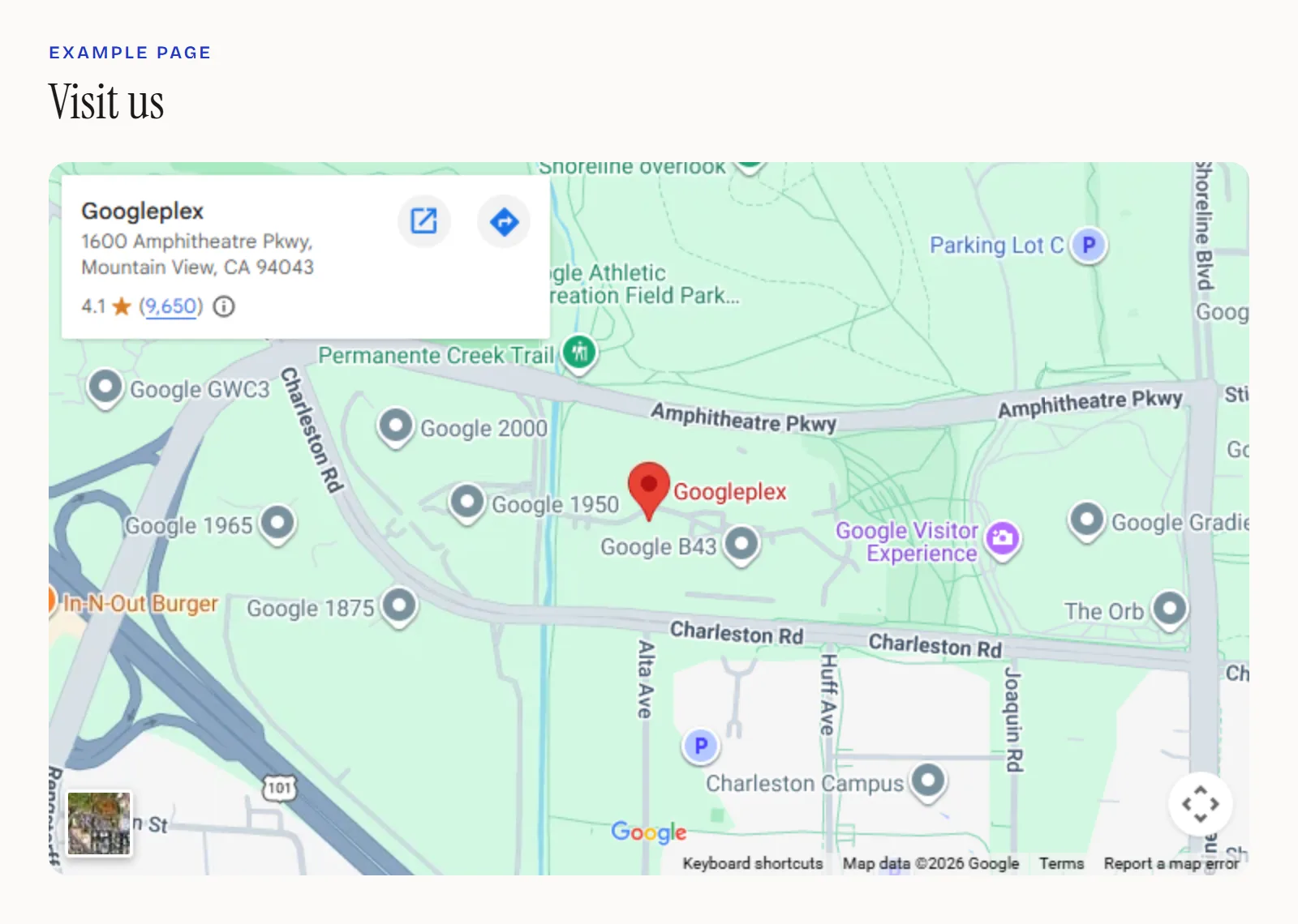 A Google Maps embed on a web page: a map of the Googleplex with a card showing the address, a 4.1 star rating and 9,650 reviews