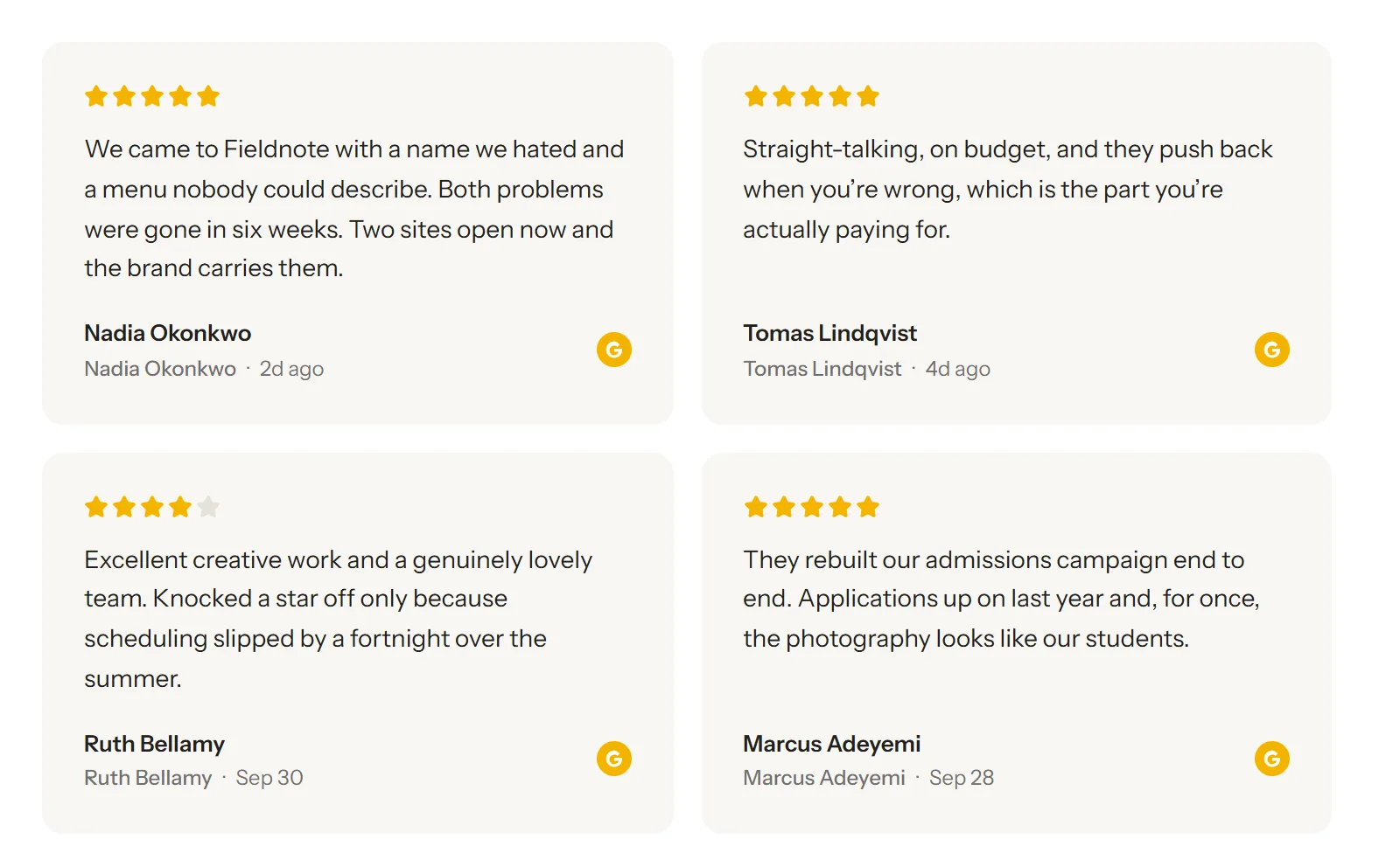 A reviews widget showing four review cards, each with a star rating, the review text, the reviewer's name and a Google icon