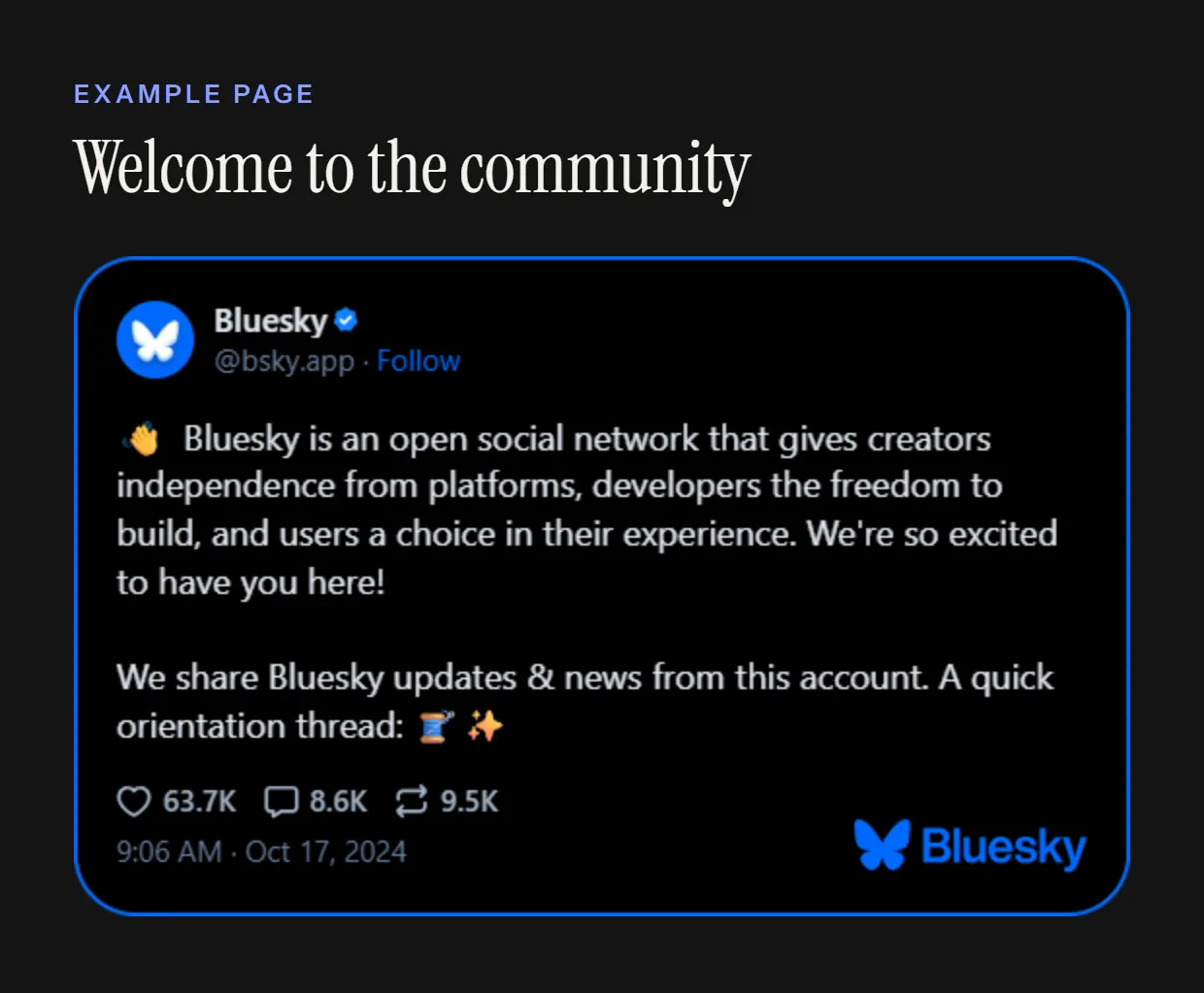 A Bluesky post embedded in the dark theme on a dark web page: a black card with white text and a blue outline