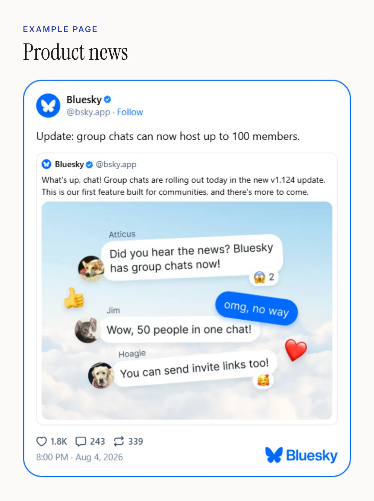 A Bluesky post embedded on a web page: Bluesky's own account, its post, and the post it quotes with a picture, then the like, reply and repost counts, the date and the Bluesky logo