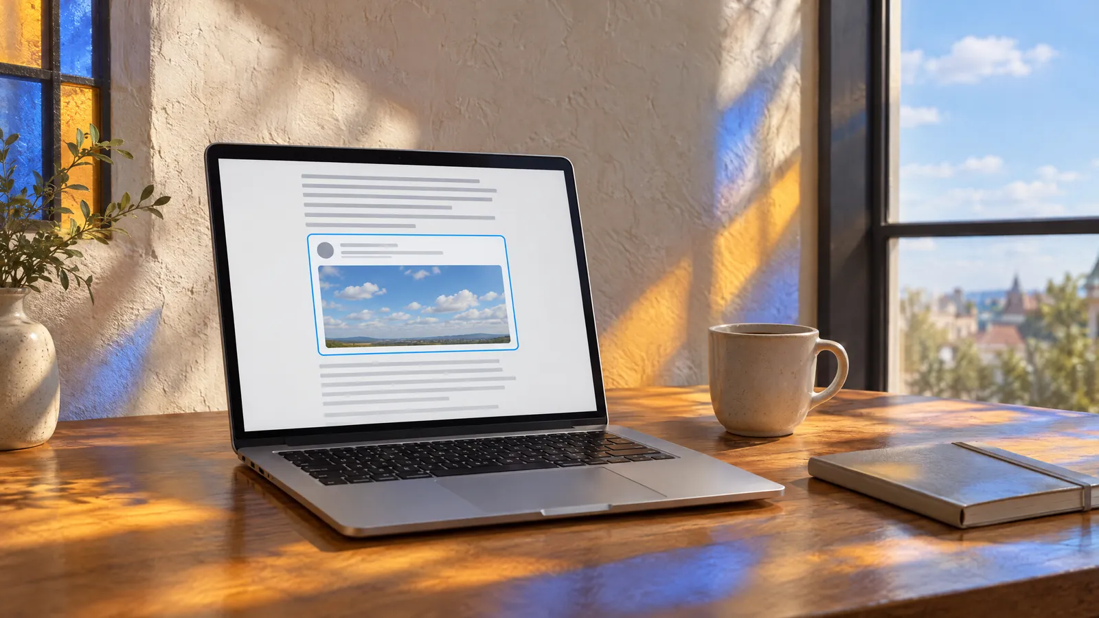 A laptop on an oak desk showing an article with one post embedded in a card with a blue outline and a photo of a cloudy sky, beside a coffee cup, lit by blue and amber stained-glass light