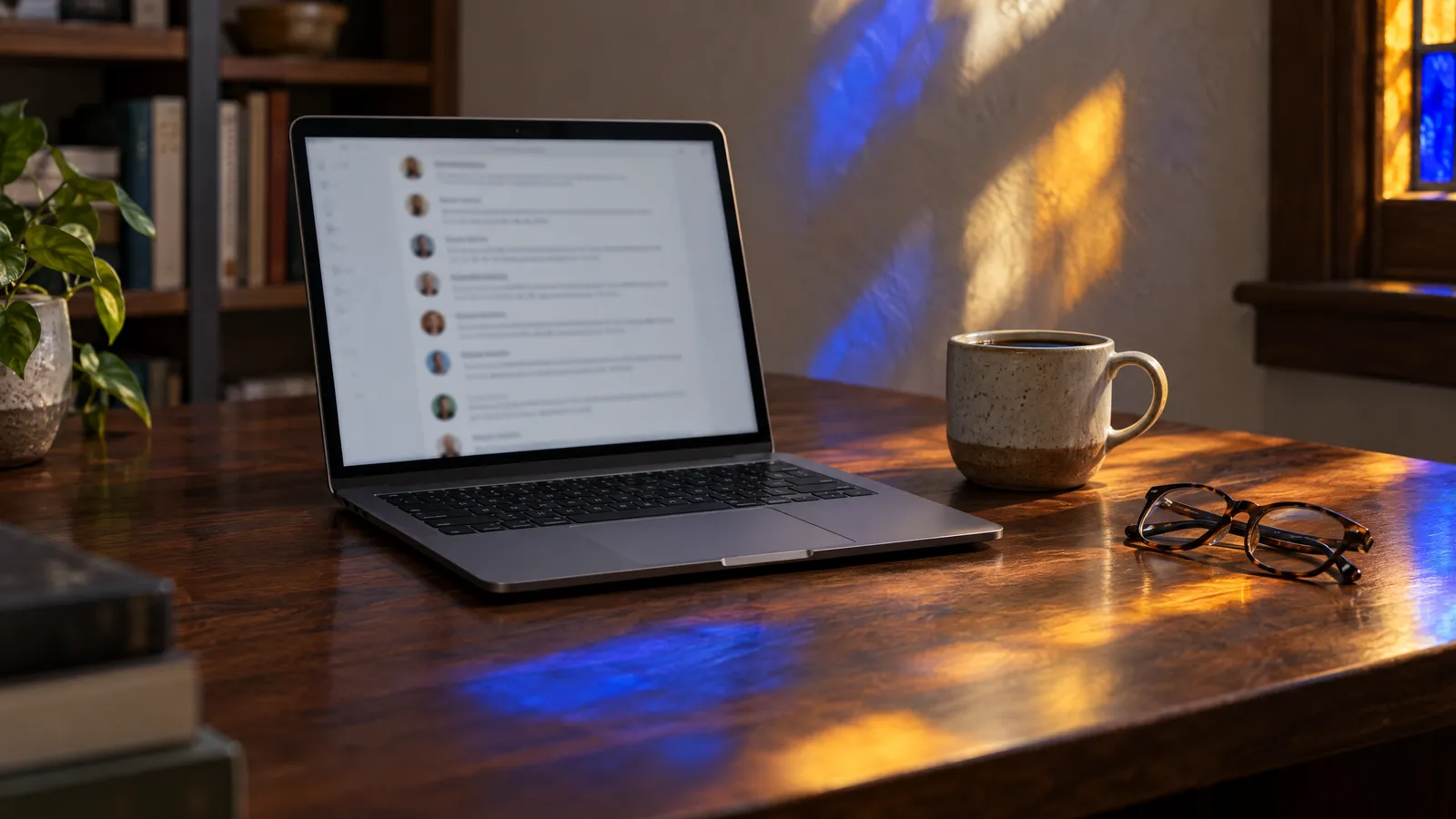 A laptop on a walnut desk showing a column of short posts with small avatars, beside a coffee cup and glasses, lit by blue and amber stained-glass light