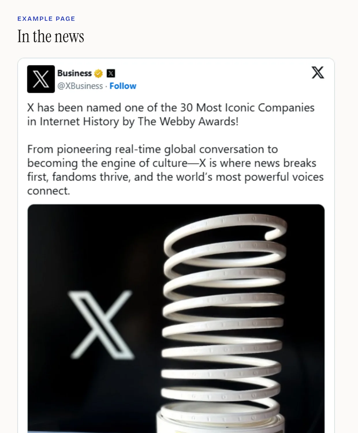 An X post embedded on a web page: the account name and Follow button, the post's text, and its photo