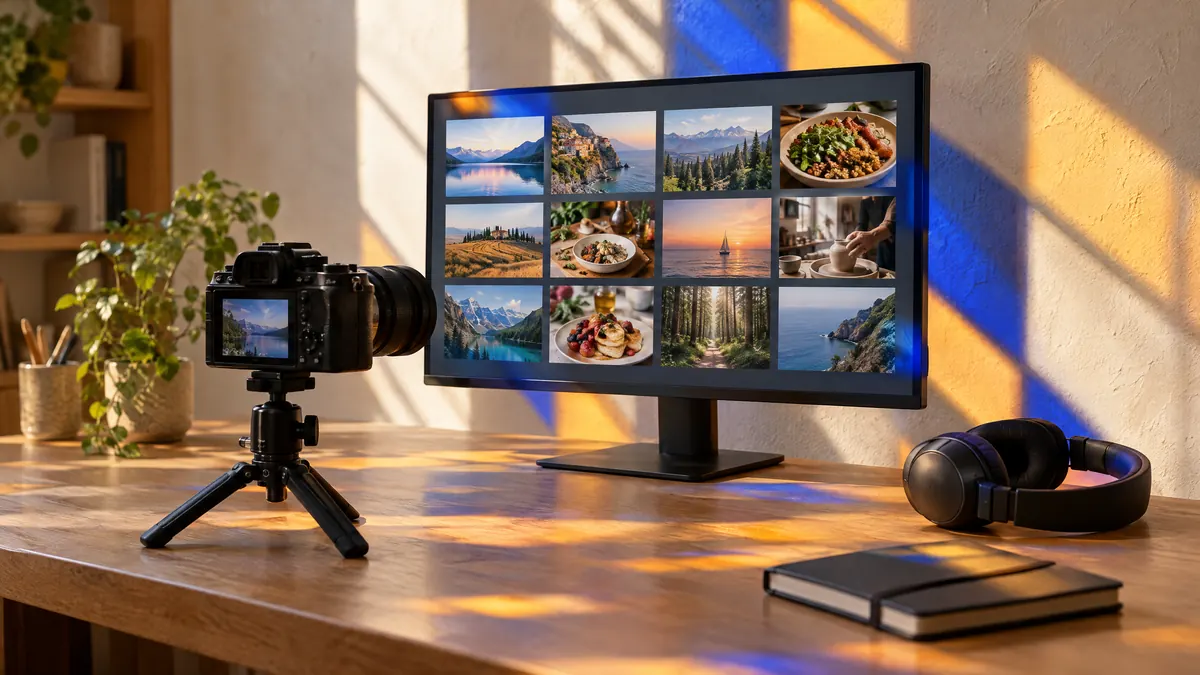 A camera on a small tripod beside a monitor showing a grid of video thumbnails, with blue and amber stained-glass light across the wall and desk