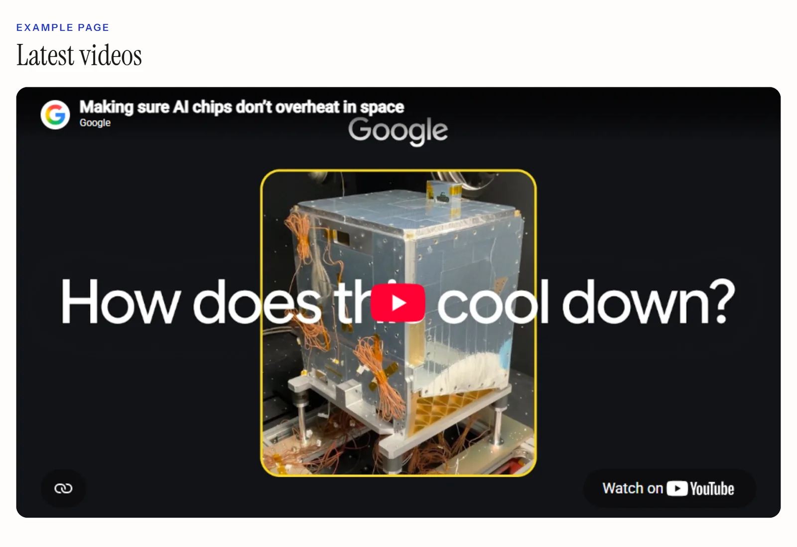 A YouTube player embedded on a web page with the uploads playlist code, opened on the newest video from Google's channel