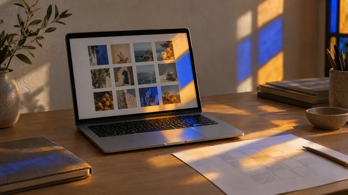 A laptop showing a grid of social media feed photos, part of it lit by blue and amber light from a stained-glass window and part in shadow