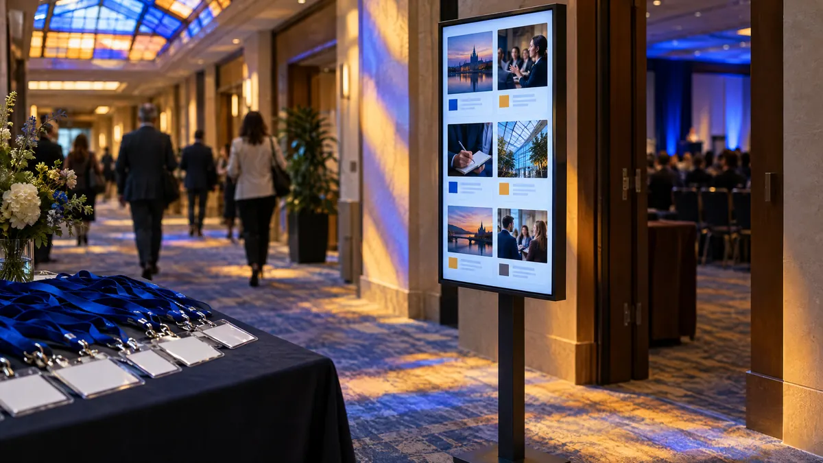 A portrait display outside a conference breakout room showing a grid of posts, with a table of lanyards in the foreground