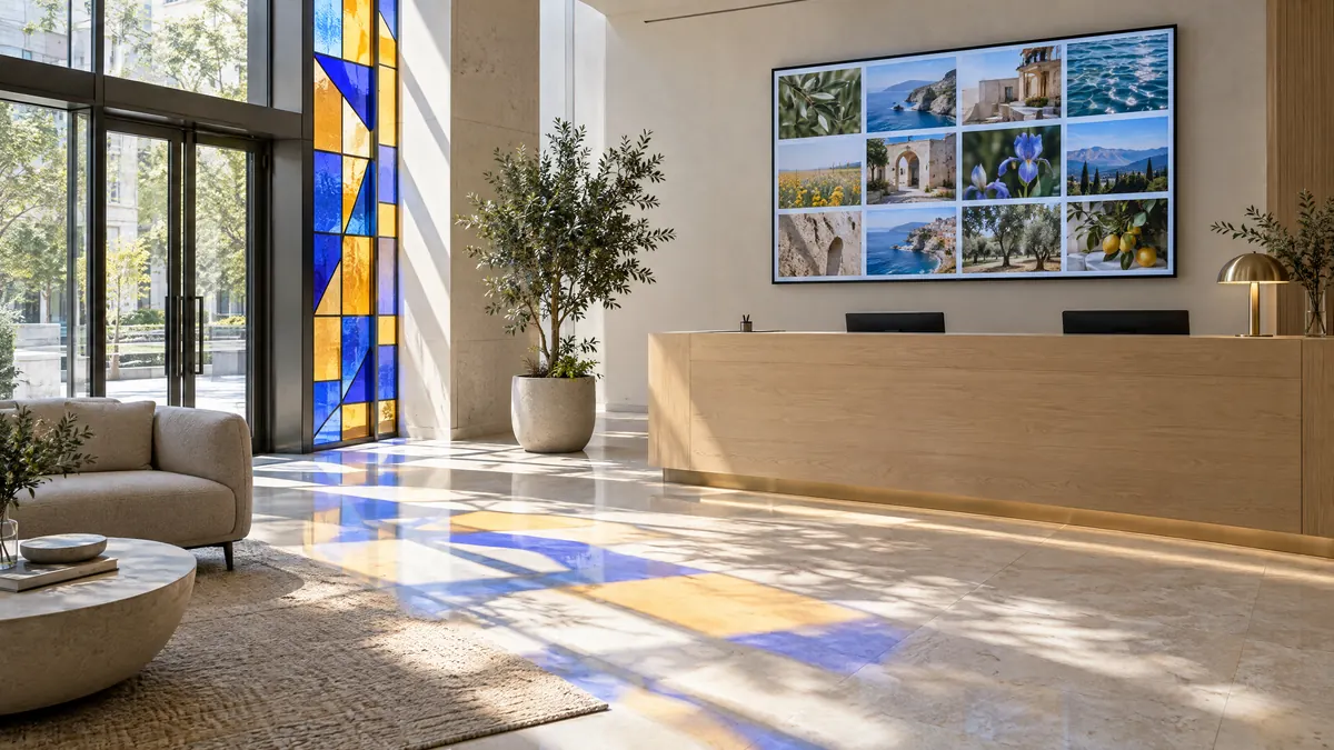 An office lobby with a wall-mounted screen showing a photo grid above the reception desk, lit by stained-glass light