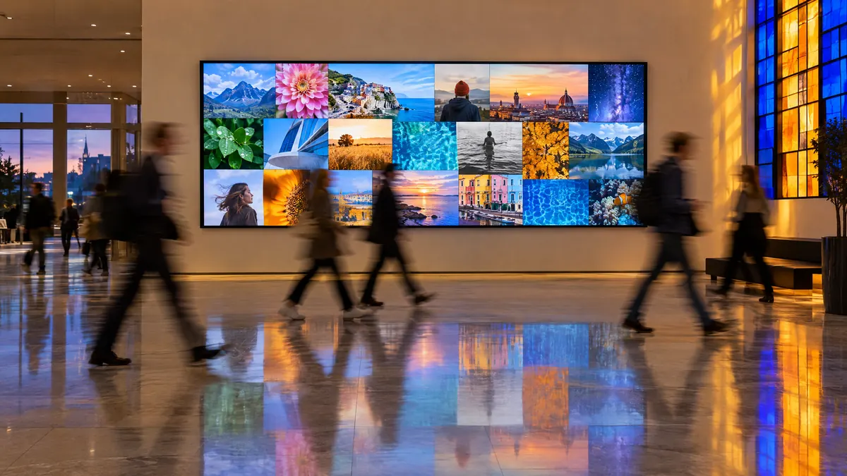 A foyer with a wide wall screen showing a photo mosaic while people walk past in a blur