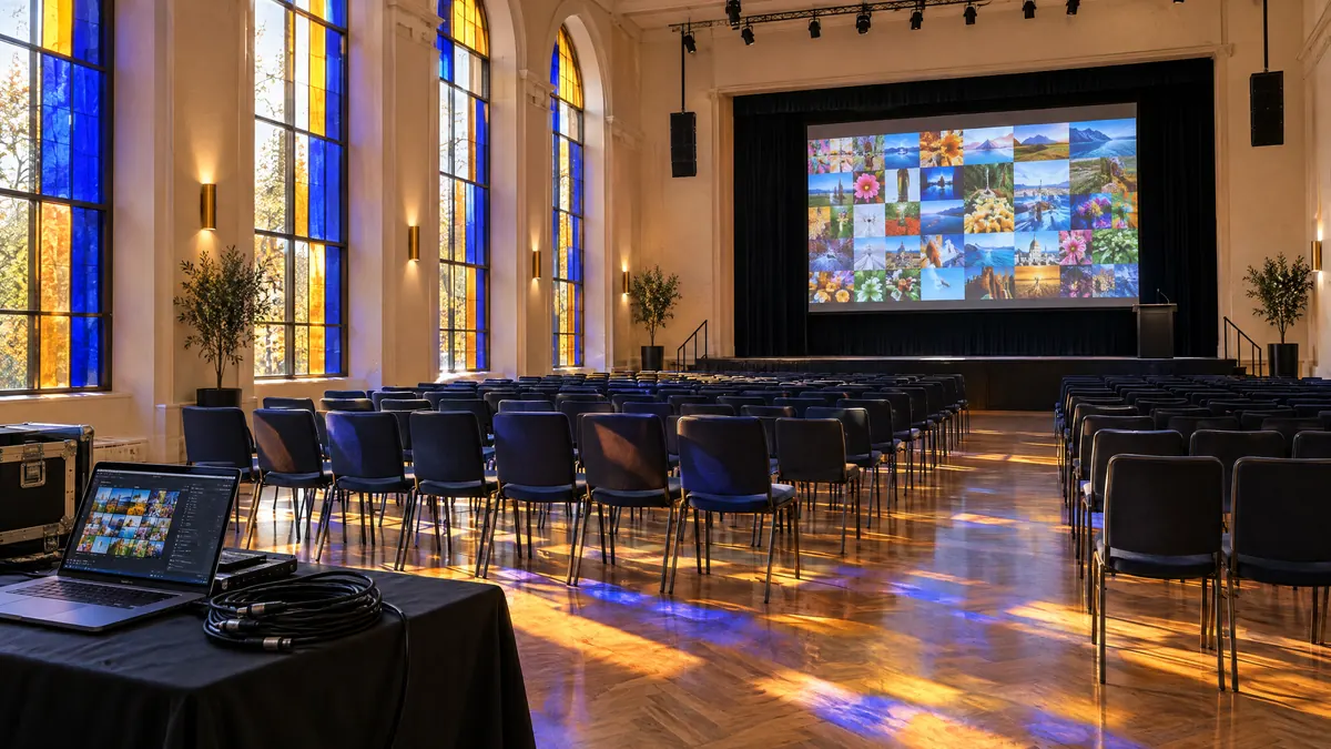 An event hall before the doors open, with rows of empty chairs facing a stage screen that already shows a mosaic of photos