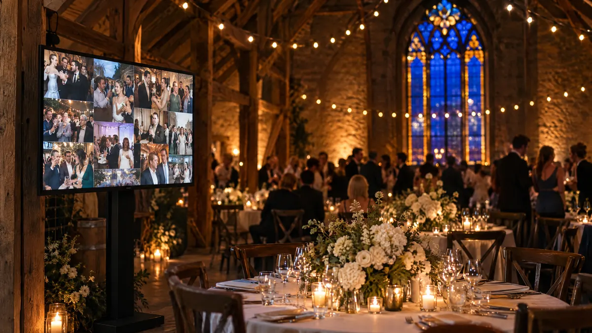A wedding reception in a barn with festoon lights and candlelit tables, beside a screen showing a mosaic of guest photos