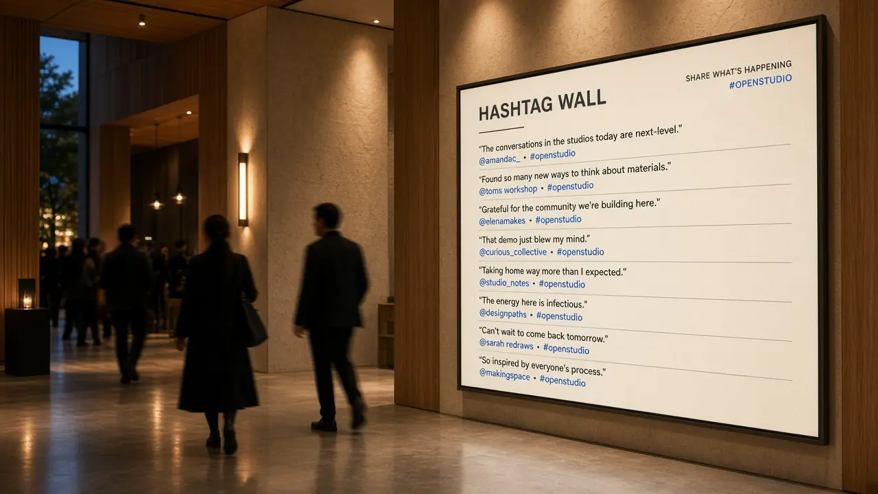 Hashtag wall of recent public X Twitter posts on an event lobby screen